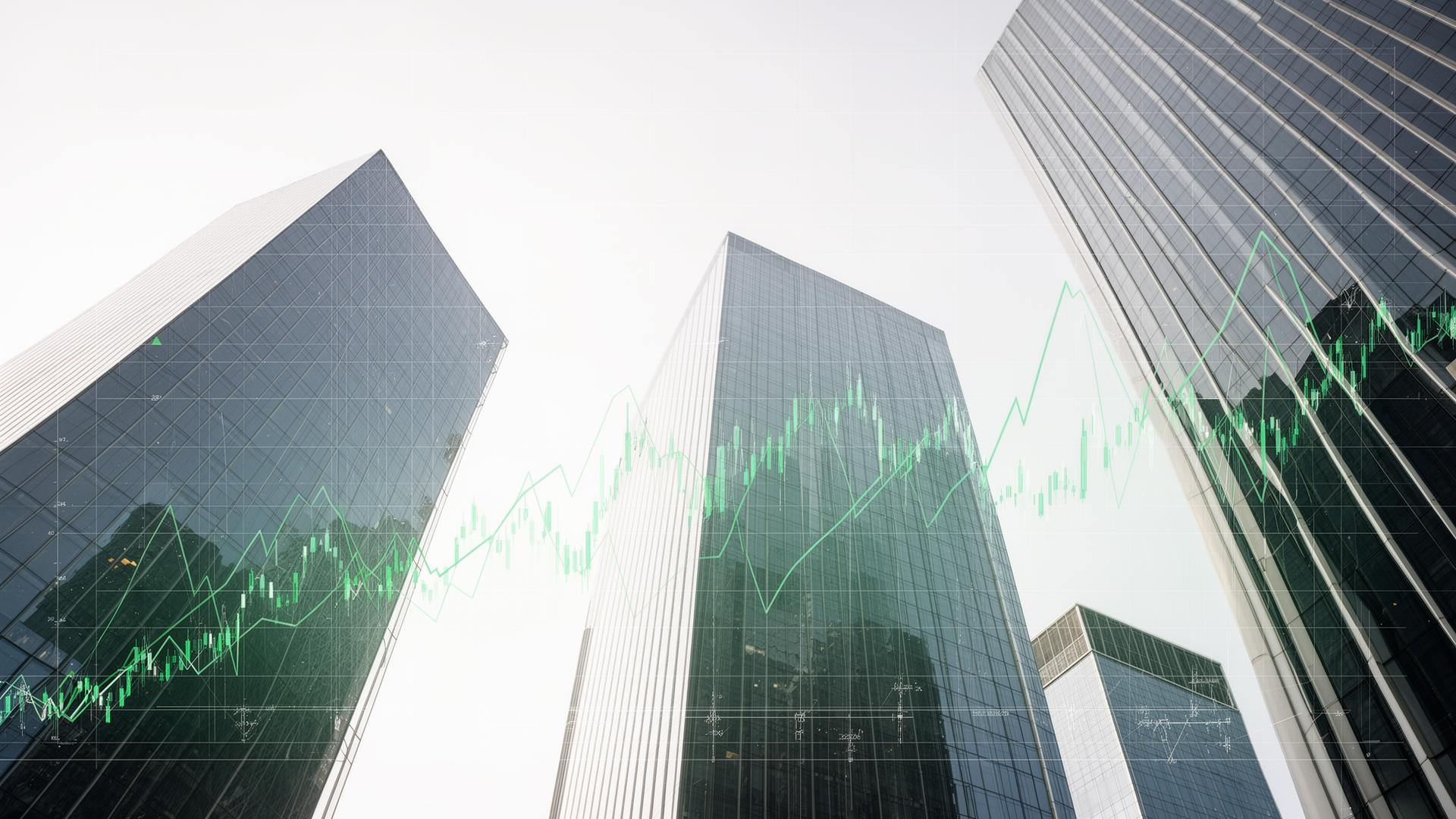 Edificios modernos con superposición de gráficos financieros verdes